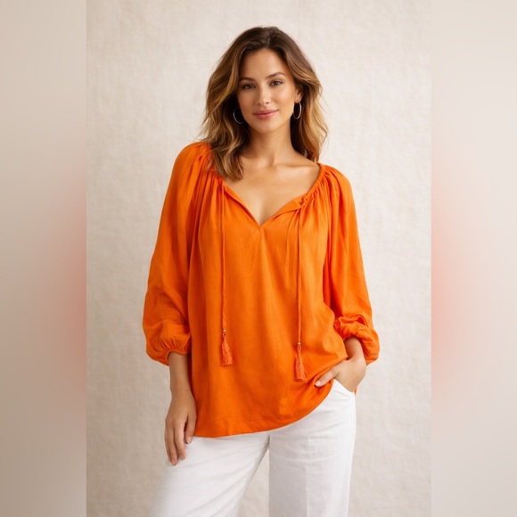 Trina Turk Tops - Trina Turk Orange Resort Blouse V Neck Tie Peasant Top Spring Vacation M